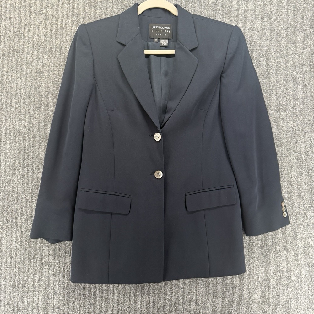 Liz Claiborne Petite Blazer Jacket Womens 10p Blue 100% Silk Button Up Old Money